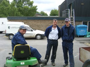 Stuart Chappell on the mini mower & Steve Connelly standing.  They were gardeners at Bretton for many years
